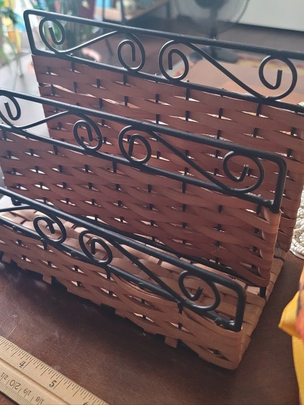 Wicker & Metal Letter/Pen Holder & File Holder & a Hand Woven Basket w/liner.